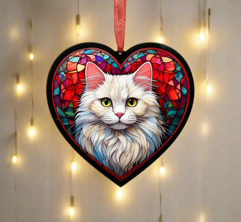 Persian Cat Stained Glass Effect Heart Suncatcher